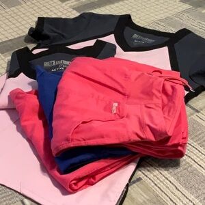 Grey's Anatomy Pink and Blue Scrub Tops. 1 S , 1 M. Pants all S.